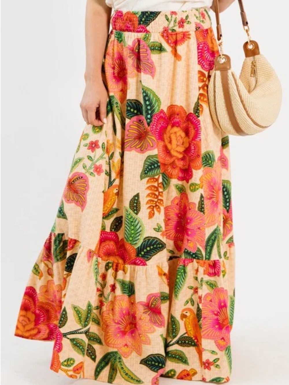 Floral Tiered Maxi Skirt in Peach and Pink
